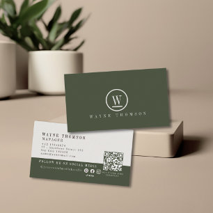 Elegant Minimal Dark Green White Monogram  Business Card