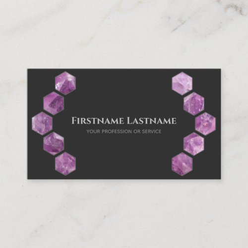 Elegant minimal dark grey violet amethyst hexagons business card