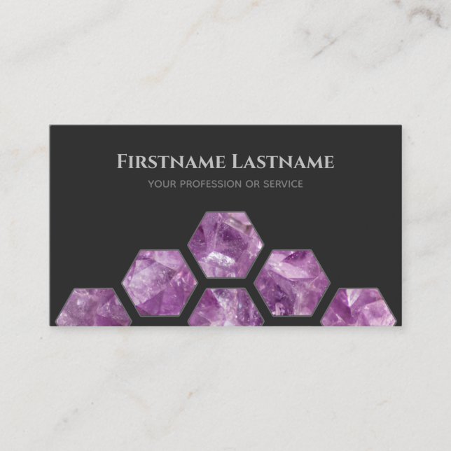 Elegant minimal dark grey violet amethyst hexagons business card (Front)