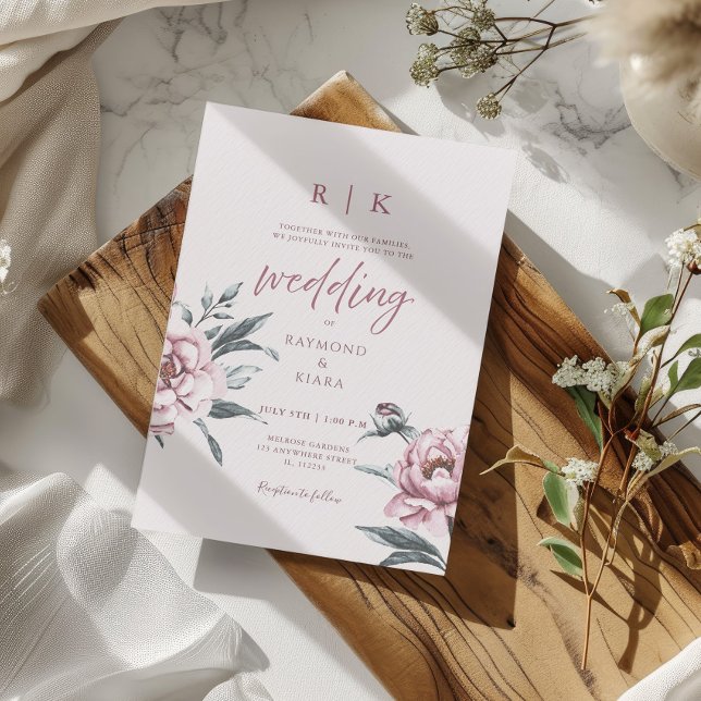 Elegant Minimal Dusky Pink Peony Floral Wedding  Invitation (watercolor peony dusky pink wedding invitation
)