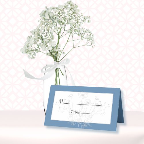 Elegant Minimal Dusty Blue Modern Floral Wedding Place Card