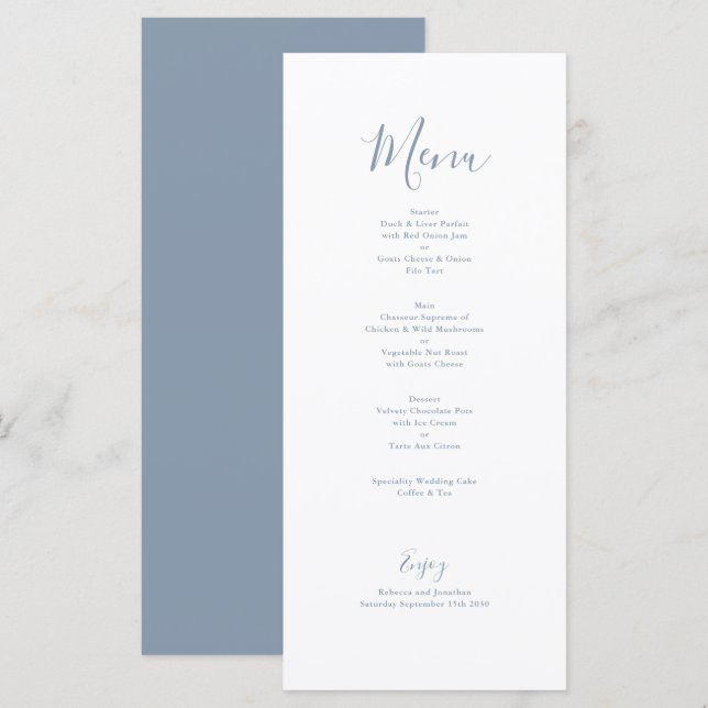 Elegant Minimal Dusty Blue Wedding Menu Card (Front/Back)