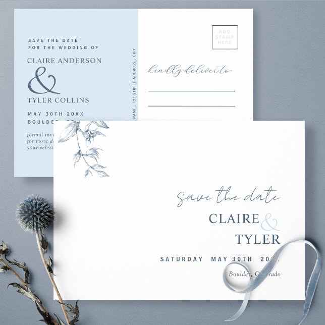 Elegant Minimal, Dusty Blue Wedding Save The Date Postcard (Creator Uploaded)