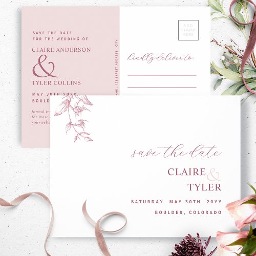 Elegant Minimal Dusty Pink Wedding Save The Date Postcard