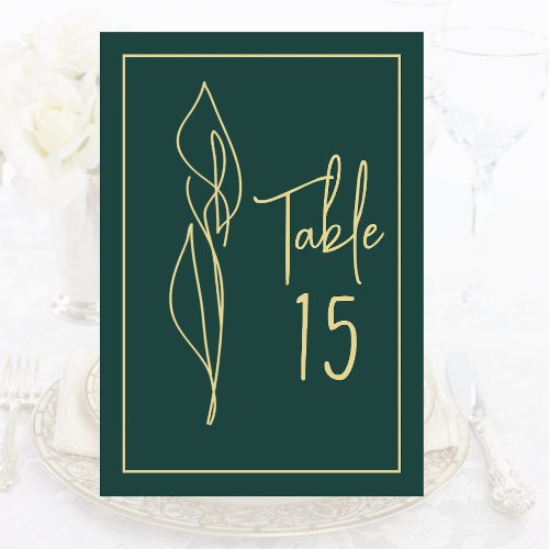 Elegant Minimal Emerald Green Gold Floral Simple  Table Number
