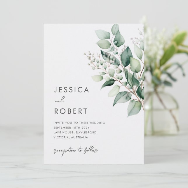 Elegant Minimal Eucalyptus Greenery Wedding Invitation (Standing Front)