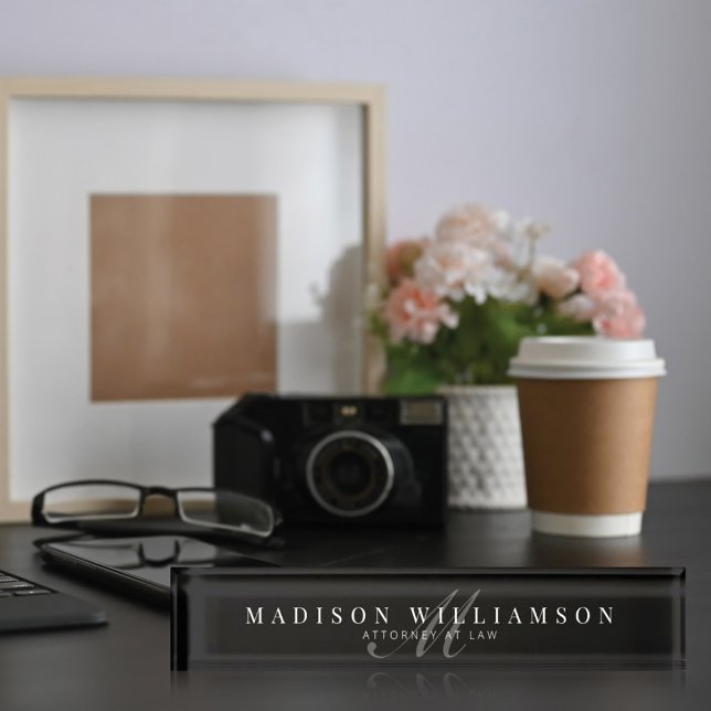 Elegant Minimal Executive Name & Monogram Black Desk Name Plate (Creator Uploaded)