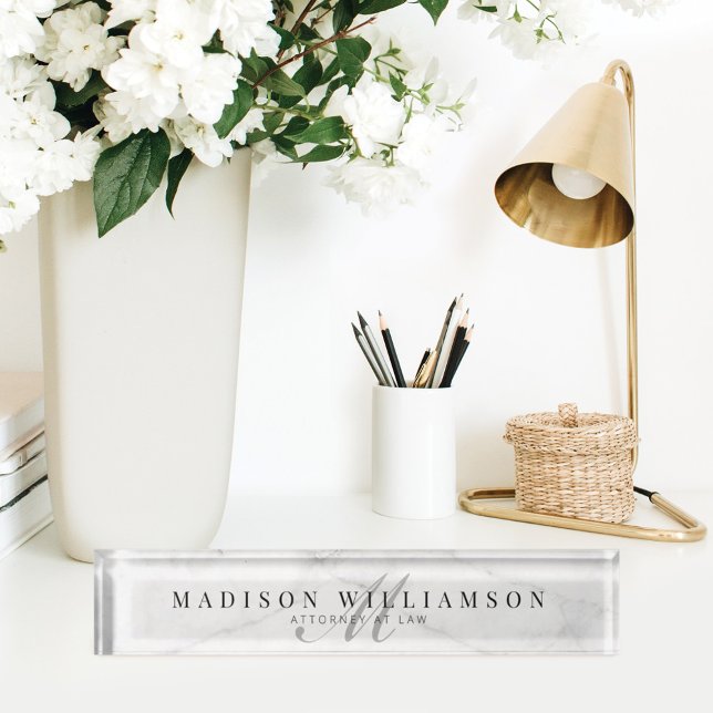 Elegant Minimal Executive Name & Monogram Marble Desk Name Plate (Creator Uploaded)