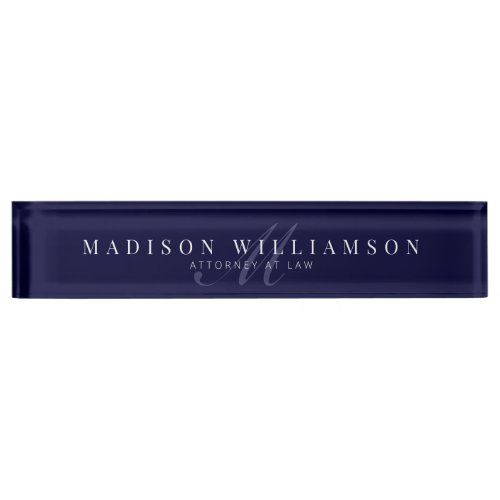 Elegant Minimal Executive Name  Monogram Navy Desk Name Plate