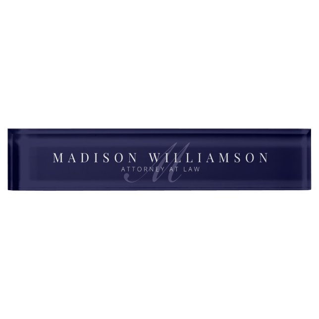 Elegant Minimal Executive Name & Monogram Navy Desk Name Plate (Front)