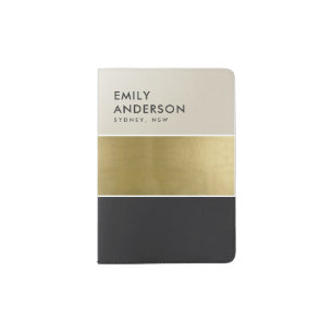 ELEGANT MINIMAL FAUX GOLD SILVER BLACK STRIPS PASSPORT HOLDER