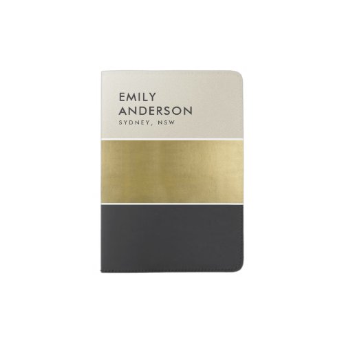 ELEGANT MINIMAL FAUX GOLD SILVER BLACK STRIPS PASSPORT HOLDER