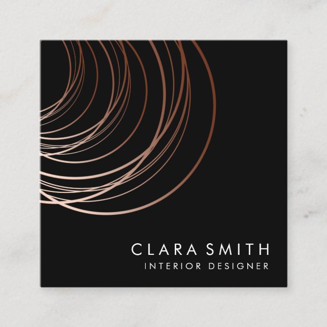 Elegant minimal faux rose gold geometric black square business card (Front)