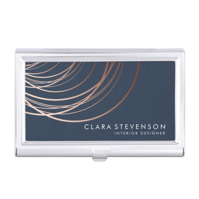 Elegant minimal faux rose gold geometric blue business card case (Front)
