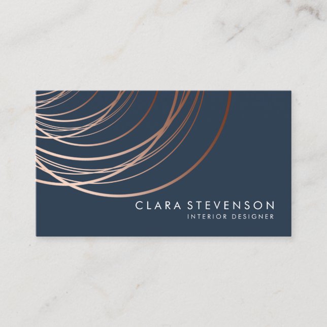 Elegant minimal faux rose gold geometric navy blue business card (Front)