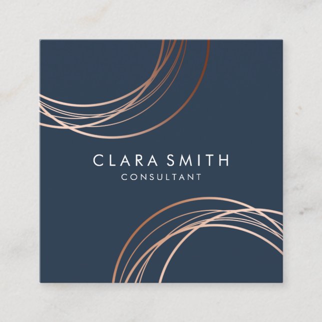 Elegant minimal faux rose gold geometric navy blue square business card (Front)