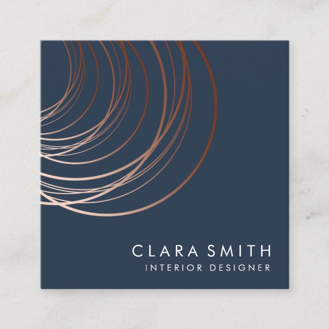 Elegant minimal faux rose gold geometric navy blue square business card (Front)