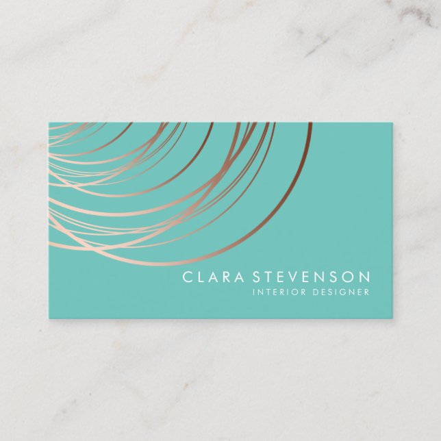 Elegant minimal faux rose gold geometric teal business card (Front)