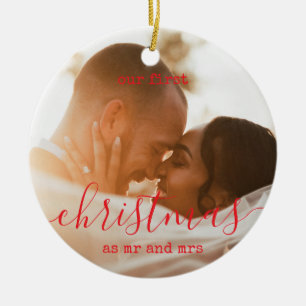 Elegant Minimal   First Christmas Photo and Text Ceramic Ornament