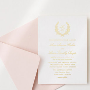 Elegant Minimal Floral Bow Wreath Crest Wedding Foil Invitation