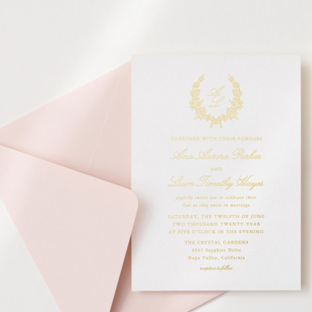 Elegant Minimal Floral Bow Wreath Crest Wedding Foil Invitation (Creator Uploaded)