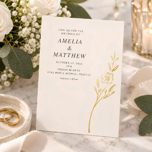 Elegant Minimal Floral Drawing Cream Wedding Gold Foil Invitation
