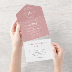 Elegant Minimal Floral Dusty Pink Monogram Wedding All In One Invitation