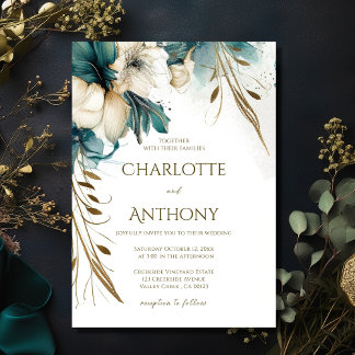 Elegant Minimal Floral Greenery Teal Gold Wedding Invitation