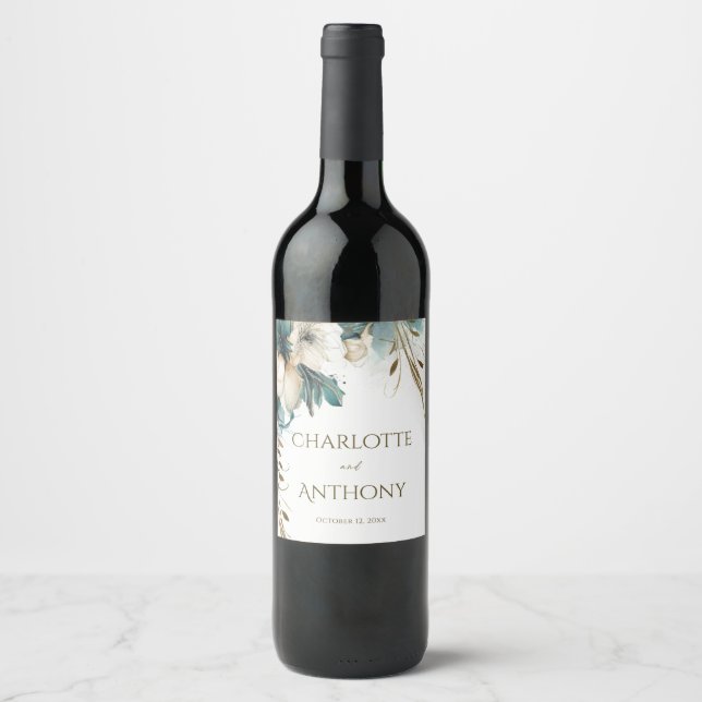 Elegant Minimal Floral Greenery Teal Gold Wedding Wine Label (Front)