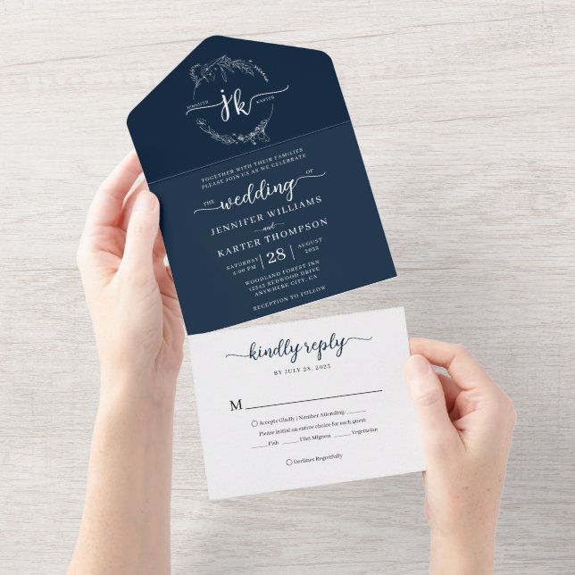 Elegant Minimal Floral Navy Blue Monogram Wedding All In One Invitation (Tearaway)