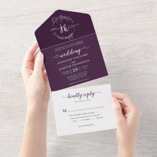Elegant Minimal Floral Violet Monogram Wedding All In One Invitation