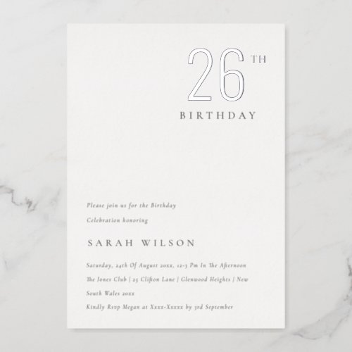 Elegant Minimal Foil Silver Any Age Birthday Foil Invitation