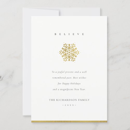 Elegant Minimal Formal Faux Gold Snowflake Believe Holiday Card