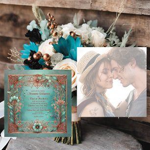 Elegant Minimal Frame Copper Turquoise Wedding Holiday Card