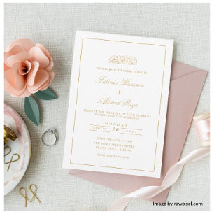 Elegant Minimal Frame Gold Initials Muslim Wedding Invitation