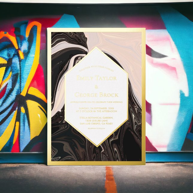 Elegant Minimal Geometric Black White Wedding Gold Foil Invitation (Creator Uploaded)