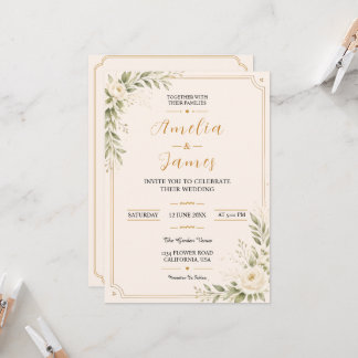 Elegant Minimal Gold Floral Wedding Invitation