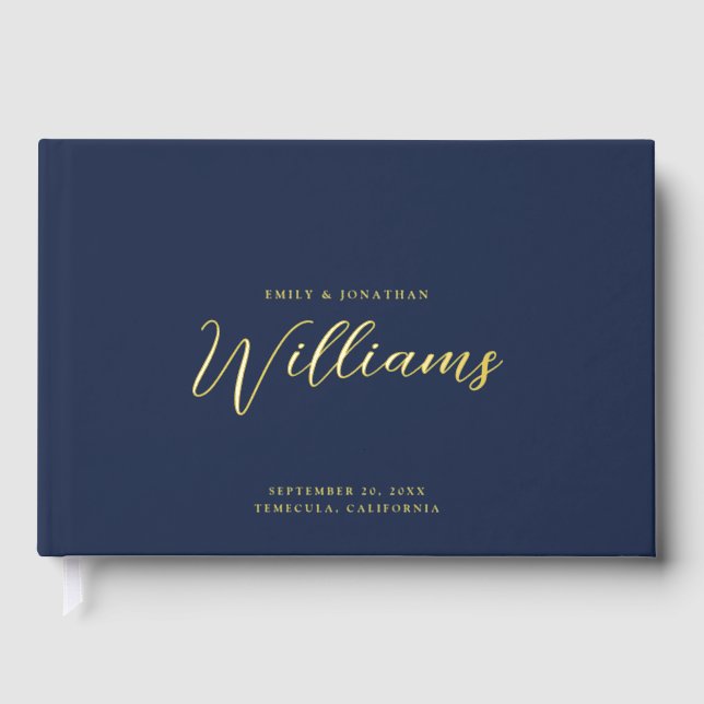 Elegant Minimal Gold Foil Navy Blue Wedding  Foil Guest Book (Front)