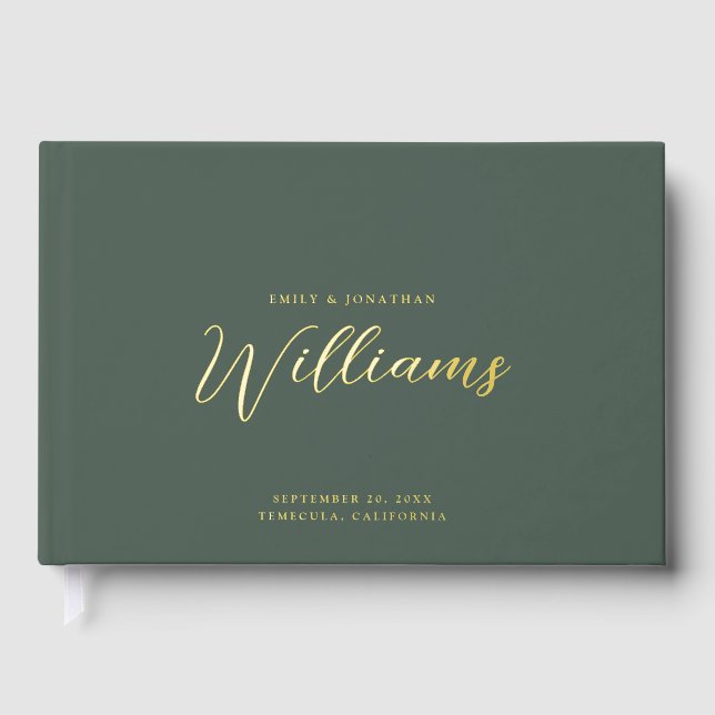 Elegant Minimal Gold Foil Sage Green Wedding  Foil Guest Book (Front)