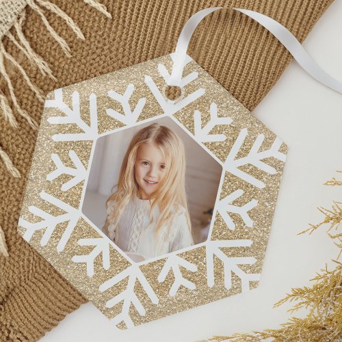 Elegant Minimal Gold Glitter Snowflake Photo Glass Ornament