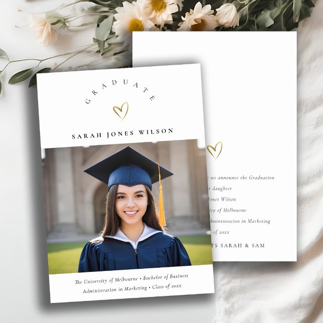 Elegant Minimal Gold Heart Photo Graduation Hat  Announcement (Creator Uploaded)