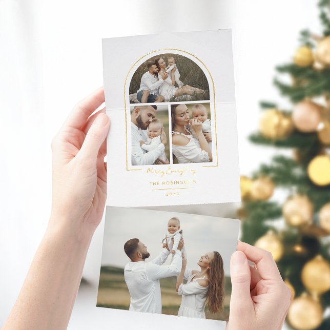 Elegant Minimal Gold Line Arch 3-Photo All In One Invitation (Creator Uploaded)