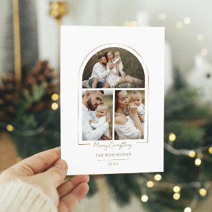 Elegant Minimal Gold Line Arch 3-Photo Holiday Card