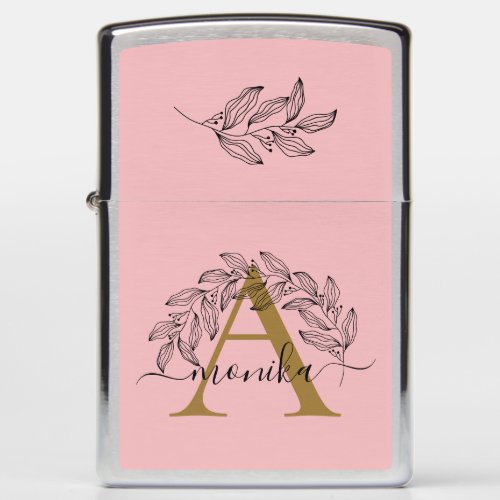 Elegant Minimal Gold Monogram Name Initial Floral Zippo Lighter