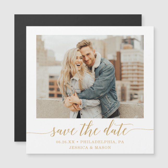 Elegant Minimal Gold Photo Wedding Save The Date Magnetic Invitation (Front/Back)