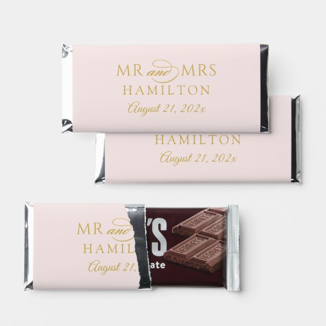Elegant Minimal Gold Pink Personalized Mr and Mrs Hershey Bar Favors (Front)
