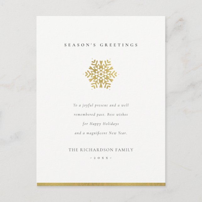 Elegant Minimal Gold Snowflake Season's Greetings Holiday Postcard (Front)