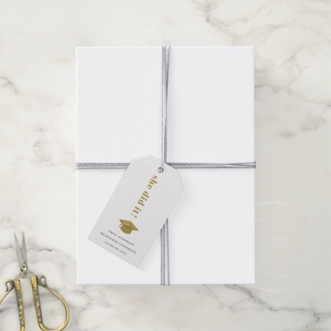 Elegant Minimal Gold Typography Graduation Cap Gift Tags (With Twine)