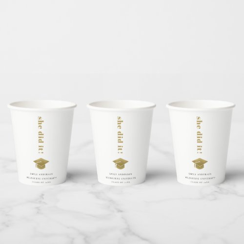 Elegant Minimal Gold Typography Graduation Cap Paper Cups