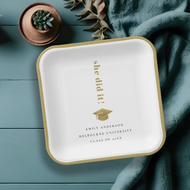 Elegant Minimal Gold Typography Graduation Cap Paper Plates (Creator Uploaded)